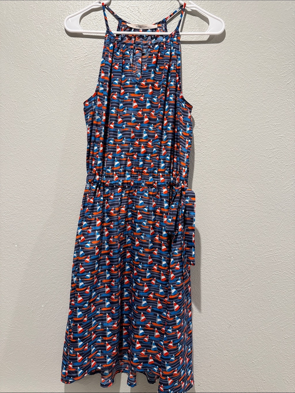 EUC 41 Hawthorn with Red White Blue & Orange Boats Dress. PTP 17”. Length 37/39”